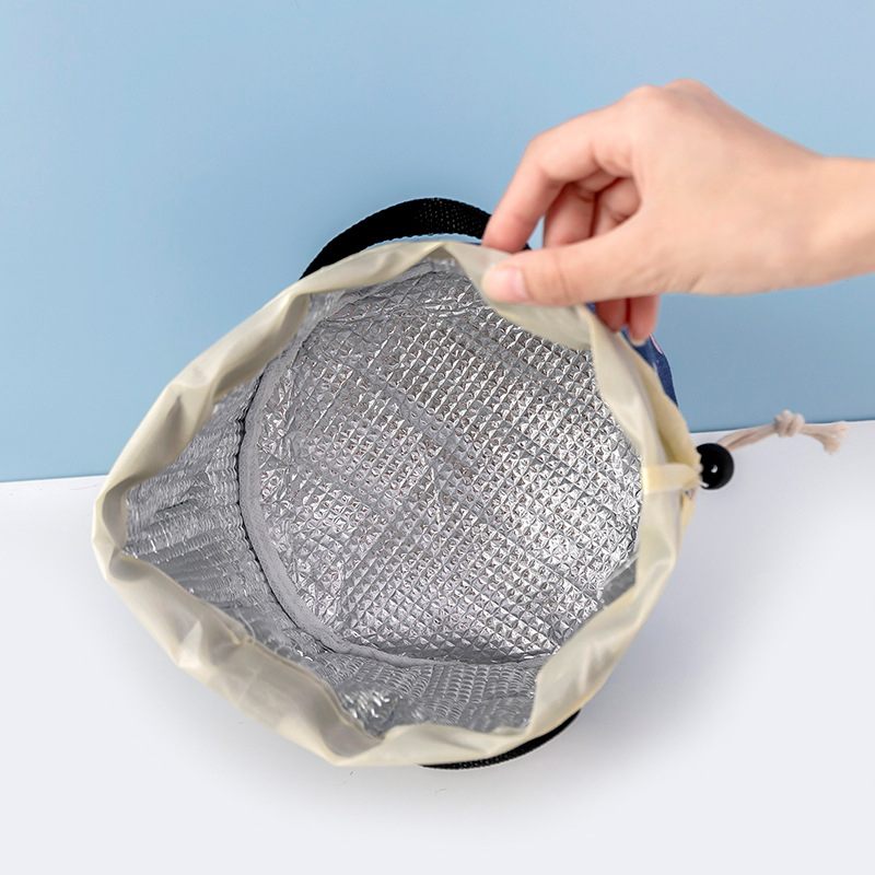 Linen Series Cylinder Insulated Bag Portable Drawstring Large Capacity Thick Aluminum Foil Fresh Bento Lunch Box Bag