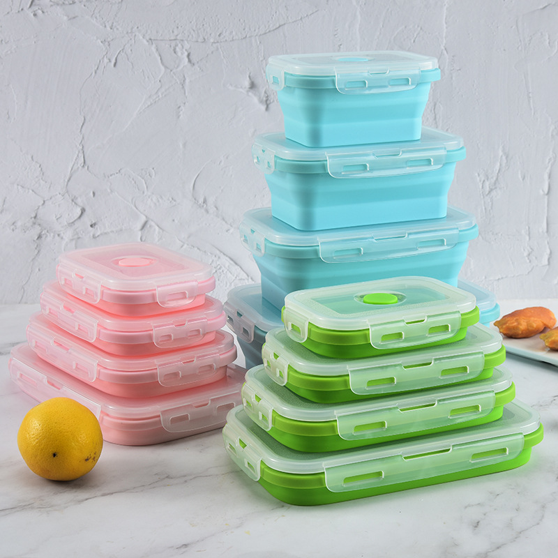 Rectangular Folding Silicone Lunch Box Sealed Crisper Microwave Bento Box Portable Silicone Folding Lunch Box Set