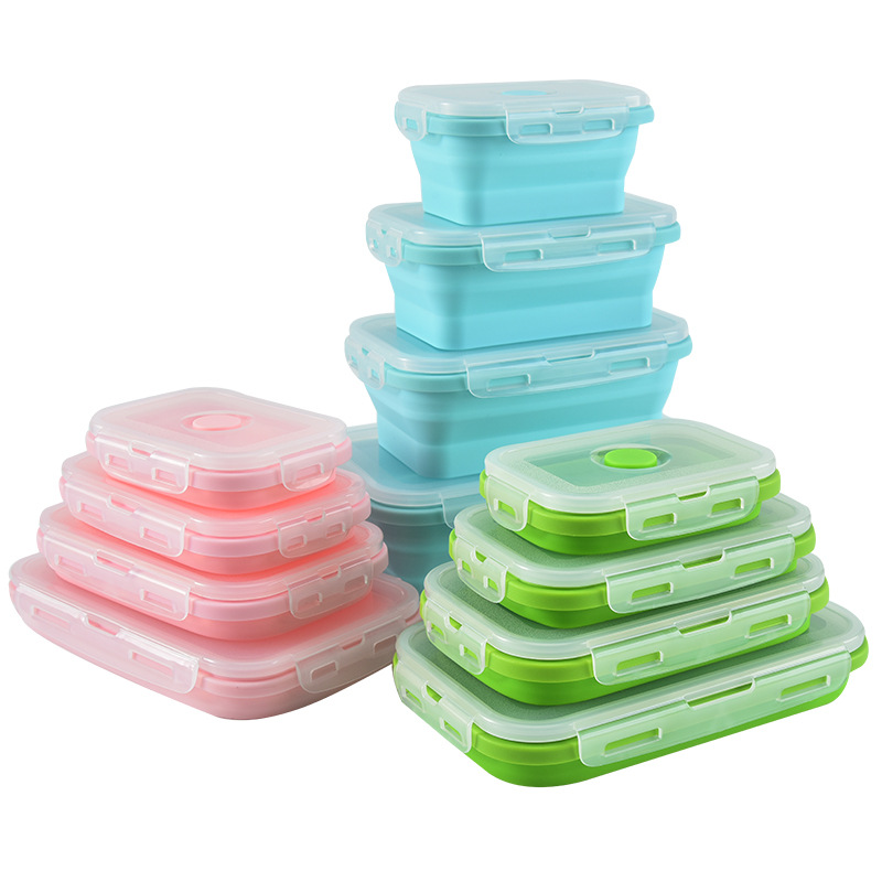 Rectangular Folding Silicone Lunch Box Sealed Crisper Microwave Bento Box Portable Silicone Folding Lunch Box Set