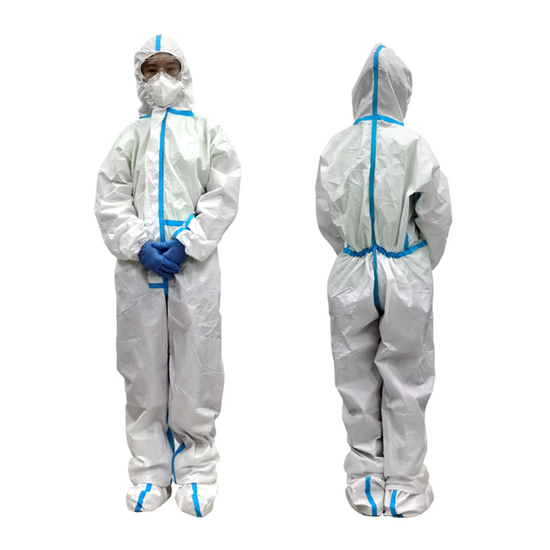 Isolation Clothing Blue and White Tape Breathable Film Hooded Disposable One-Piece Insulating Garment Spot