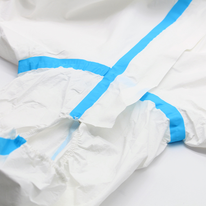 Isolation Clothing Blue and White Tape Breathable Film Hooded Disposable One-Piece Insulating Garment Spot