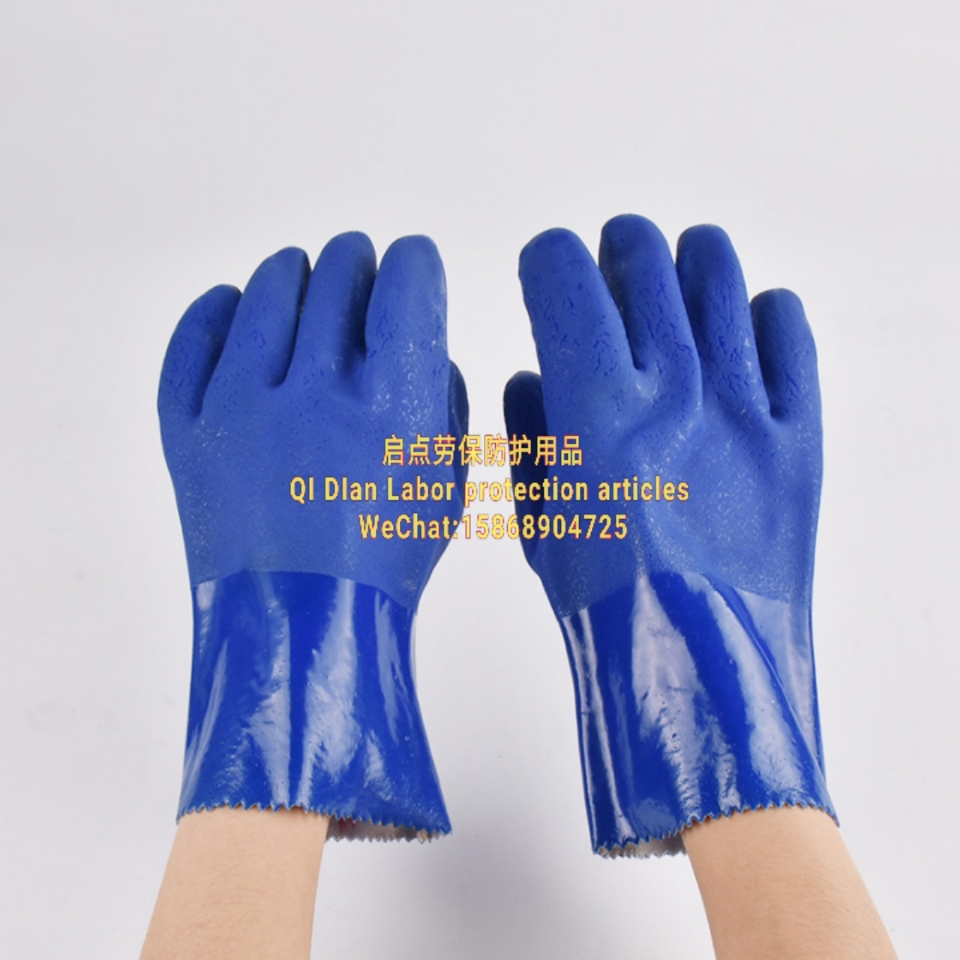 Large supply of 27cm blue frosted PVC gloves oil resistant work gloves PVC labor protection protective gloves