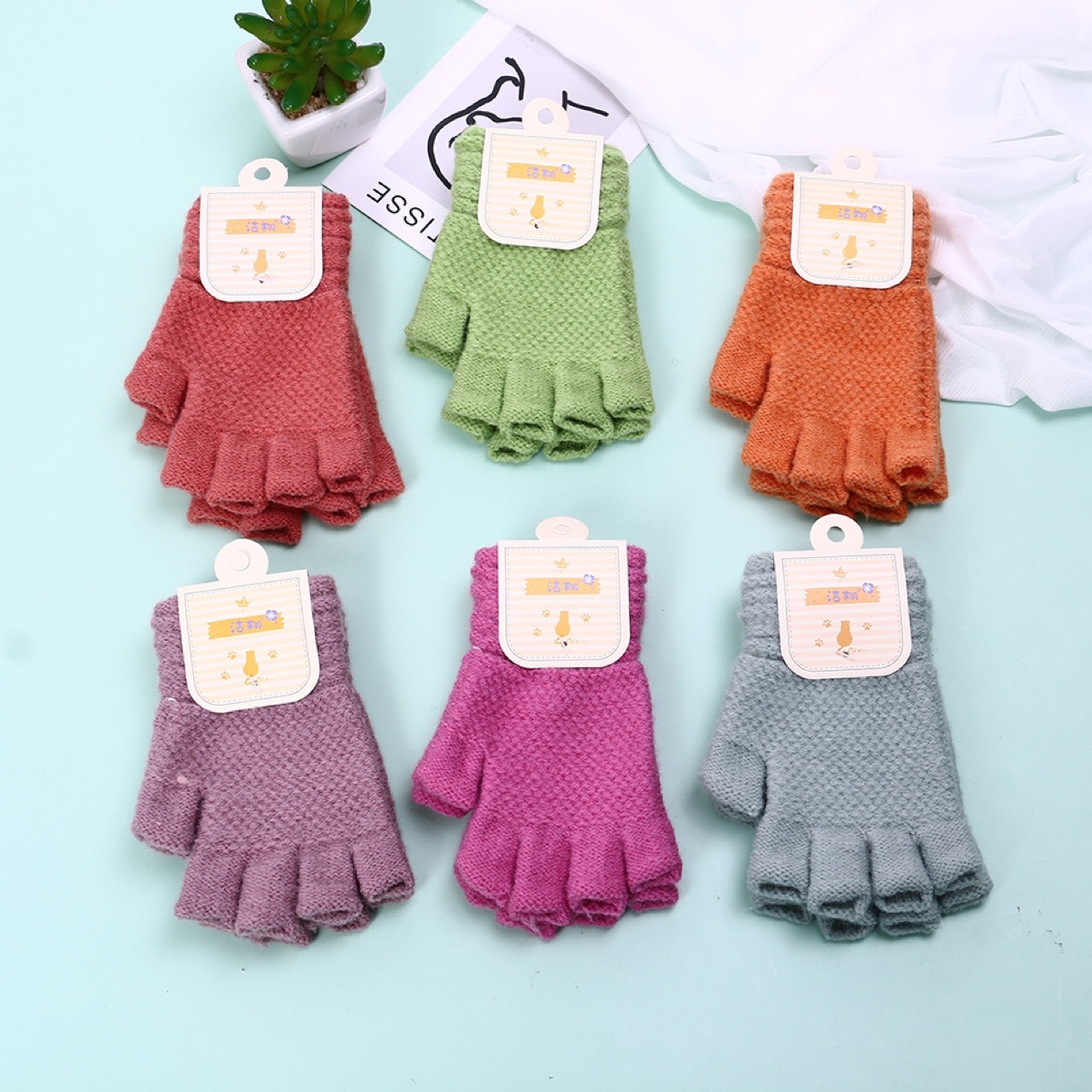 Children&#039;s Knitted Gloves Half Finger Autumn and Winter Warm Children Pupils&#039; Writing Baby Boys Girls Open Finger Gloves