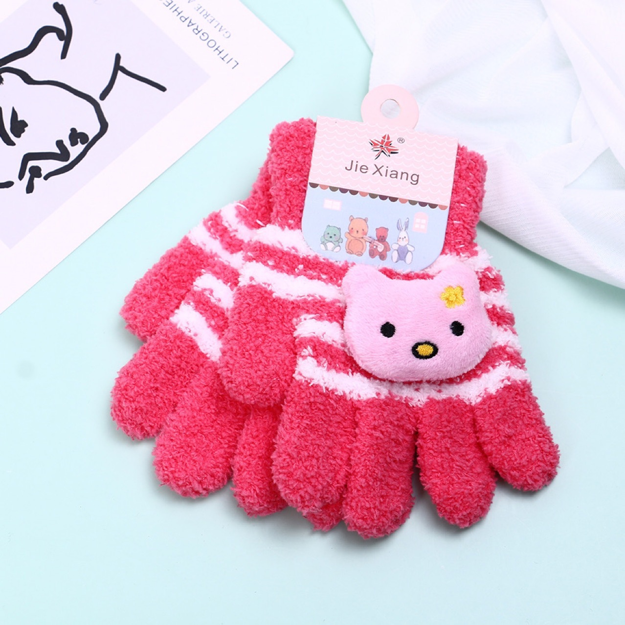 Applique Animal Cute Baby Winter Girls&#039; Korean-Style Children&#039;s Double-Layer Warm and Cute Five-Finger Gloves