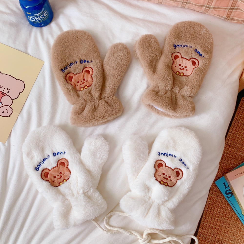 Japanese Korean Cartoon Gloves Autumn and Winter Fleece-Lined Thick Windproof Warm Leisure Plush Cute Cha Cha Bear Full Finger Halter