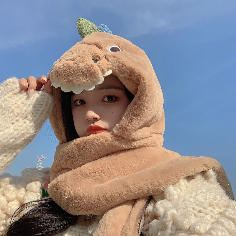 Little Dinosaur Hat Scarf Integrated Women&#039;s Autumn and Winter Korean Warm Cute Plush Ear Protection Cartoon Gloves Three-Piece Set