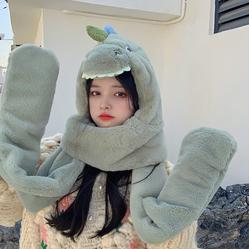 Little Dinosaur Hat Scarf Integrated Women&#039;s Autumn and Winter Korean Warm Cute Plush Ear Protection Cartoon Gloves Three-Piece Set