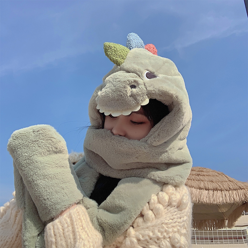 Little Dinosaur Hat Scarf Integrated Women&#039;s Autumn and Winter Korean Warm Cute Plush Ear Protection Cartoon Gloves Three-Piece Set