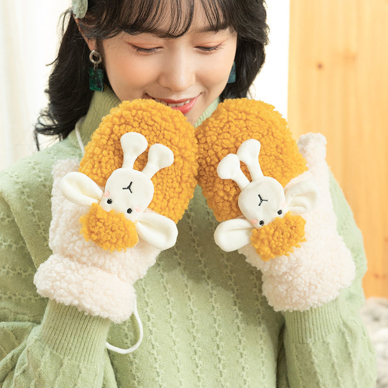 Fleece-Lined Thick Cashmere Cartoon Winter Students Warm-Keeping Halter Ins Cotton Women&#039;s Bag Finger Cartoon Gloves
