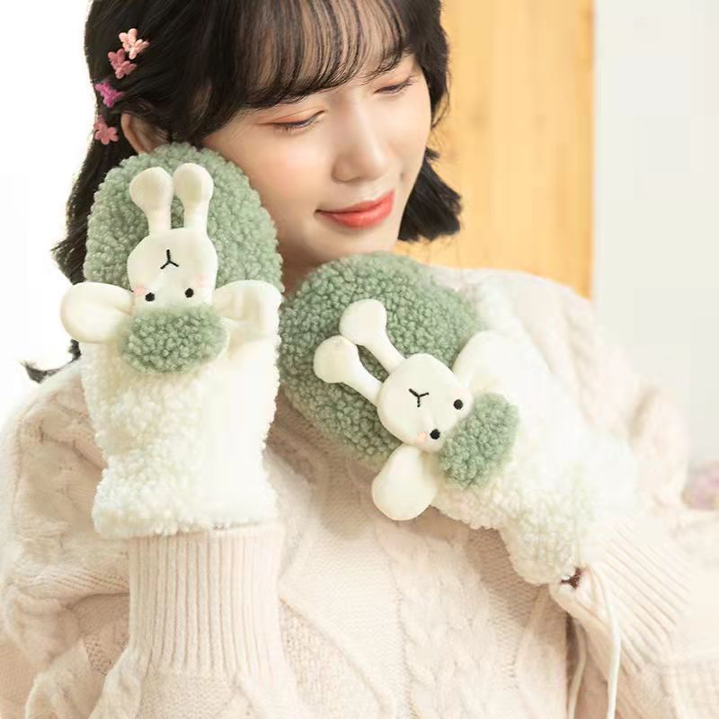 Fleece-Lined Thick Cashmere Cartoon Winter Students Warm-Keeping Halter Ins Cotton Women&#039;s Bag Finger Cartoon Gloves