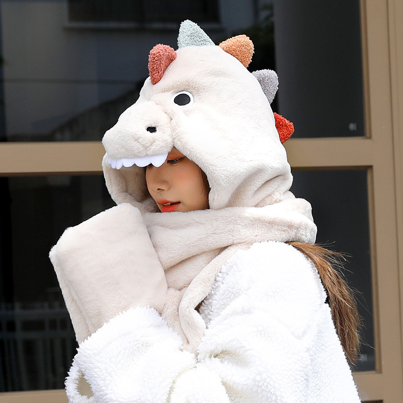 Hat Scarf Integrated Women&#039;s Autumn and Winter Korean Warm Cute Little Dinosaur Plush Ear Protection Cartoon Gloves Three-Piece Set