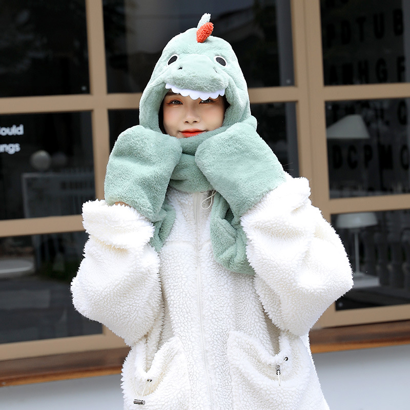 Hat Scarf Integrated Women&#039;s Autumn and Winter Korean Warm Cute Little Dinosaur Plush Ear Protection Cartoon Gloves Three-Piece Set