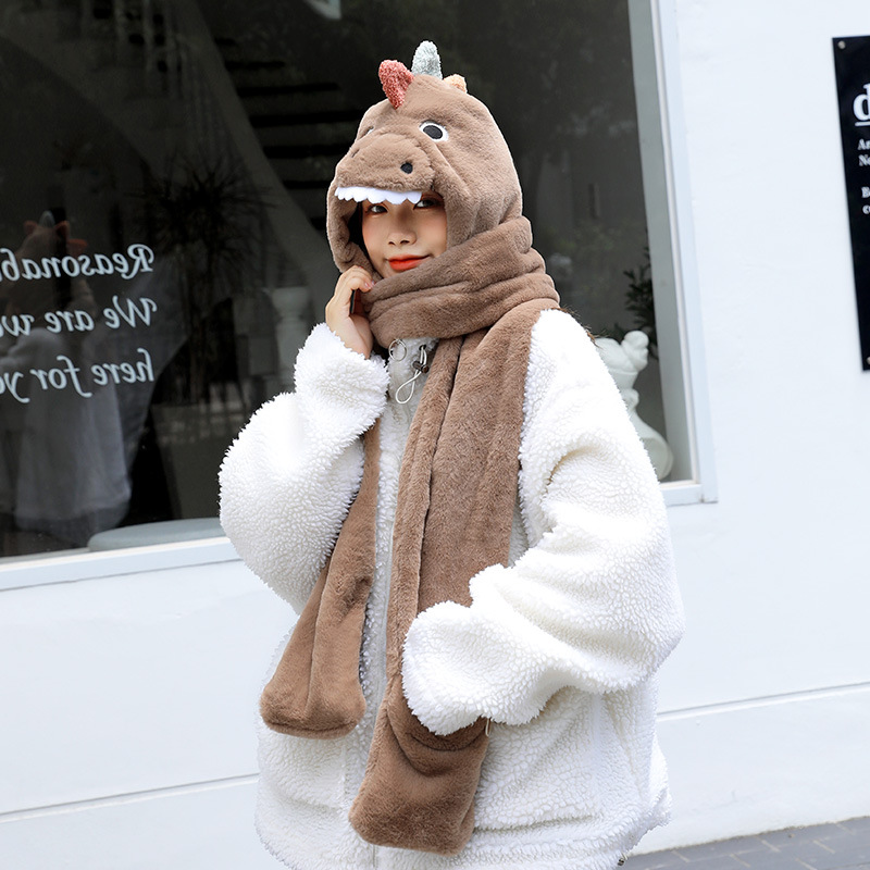 Hat Scarf Integrated Women&#039;s Autumn and Winter Korean Warm Cute Little Dinosaur Plush Ear Protection Cartoon Gloves Three-Piece Set