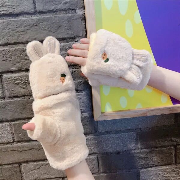 Rabbit hair half finger gloves female winter flip-cover dual-purpose with fleece thickened warm student Korean version turnip cartoon gloves