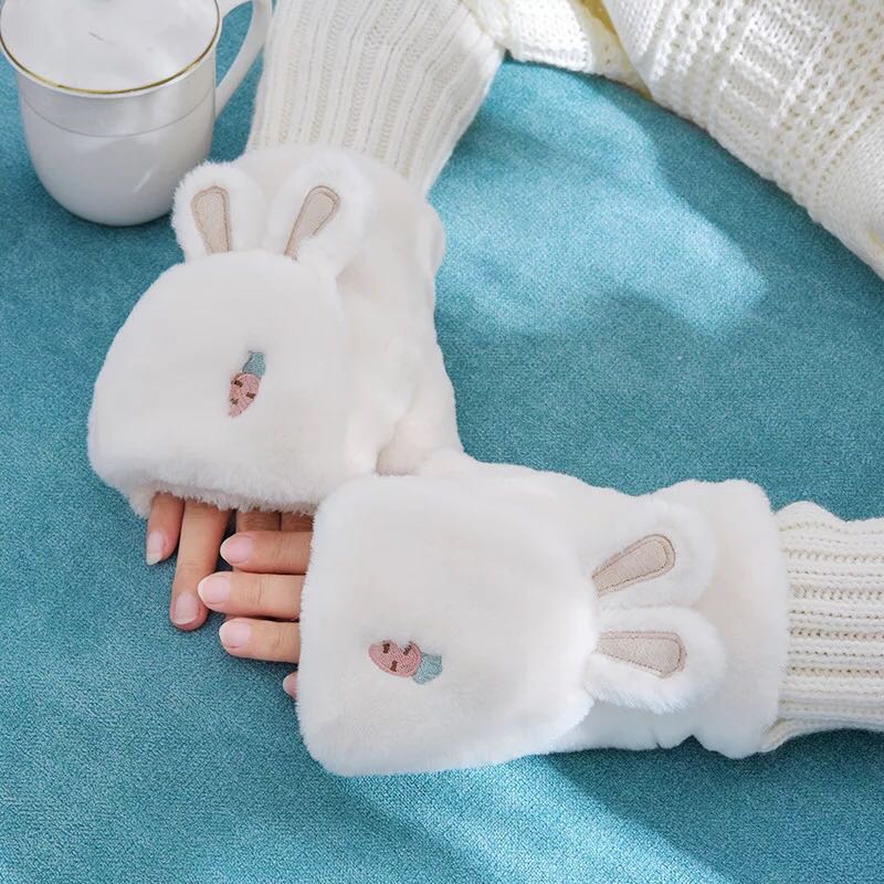Rabbit hair half finger gloves female winter flip-cover dual-purpose with fleece thickened warm student Korean version turnip cartoon gloves