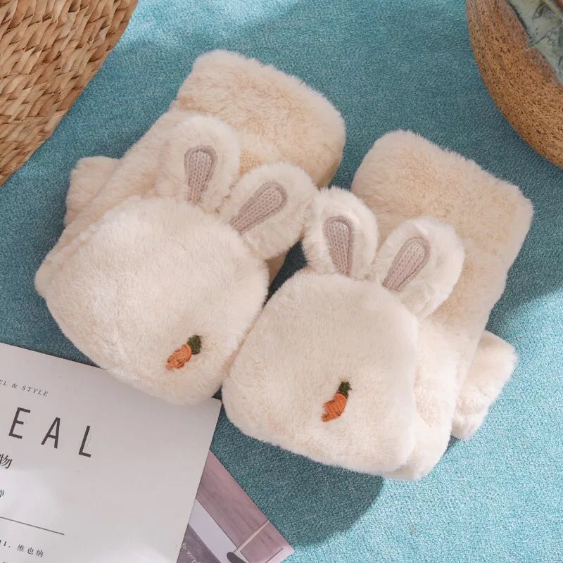 Rabbit hair half finger gloves female winter flip-cover dual-purpose with fleece thickened warm student Korean version turnip cartoon gloves
