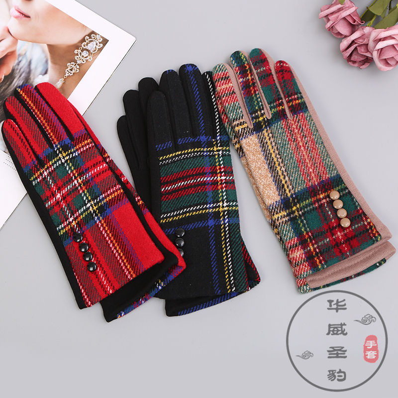 Japanese girls autumn/winter plaid wool gloves female students Korean version finger touch screen with velvet thickening to keep warm