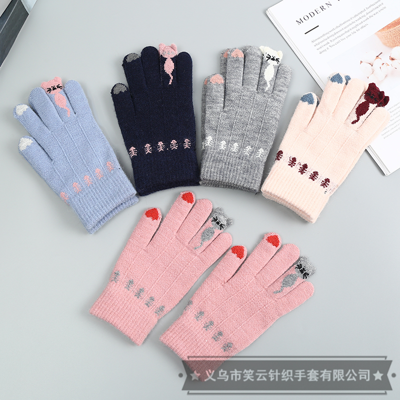 Knitting Wool Gloves Children and Girls Knitted Gloves Touch Screen Winter Thicken Thermal Cartoon Kitten Cute Gloves