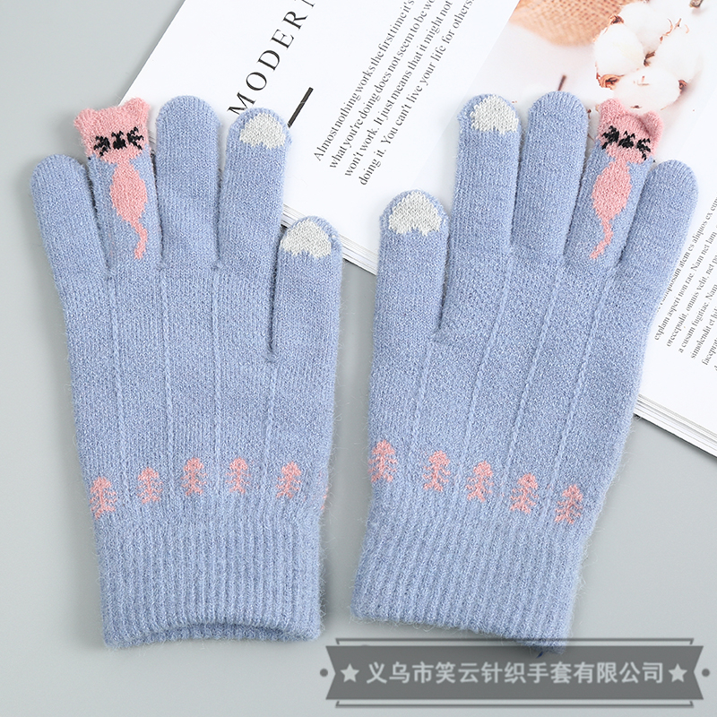 Knitting Wool Gloves Children and Girls Knitted Gloves Touch Screen Winter Thicken Thermal Cartoon Kitten Cute Gloves
