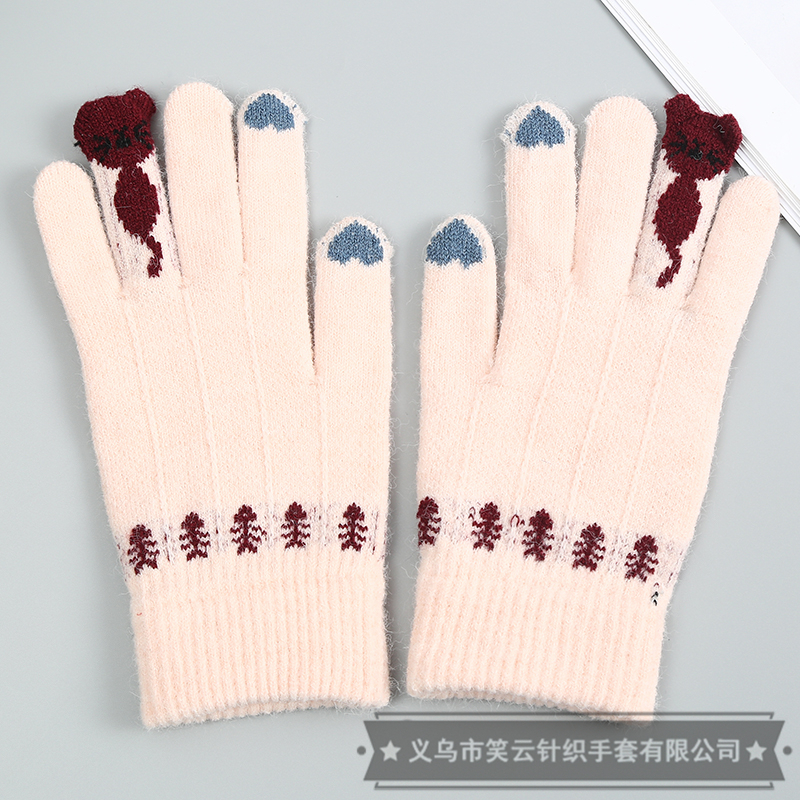 Knitting Wool Gloves Children and Girls Knitted Gloves Touch Screen Winter Thicken Thermal Cartoon Kitten Cute Gloves