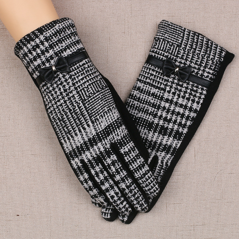Women&#039;s Plaid Wool Gloves Autumn and Winter Cashmere Thin Warm Thin Velvet Finger Five Finger Touch Screen