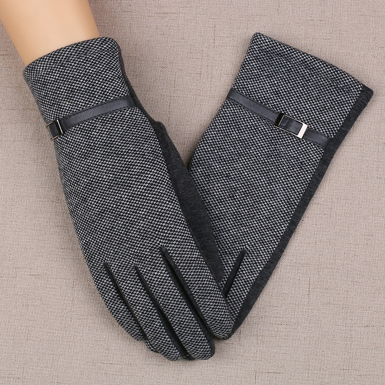 Women&#039;s Plaid Wool Gloves Autumn and Winter Cashmere Thin Warm Thin Velvet Finger Five Finger Touch Screen