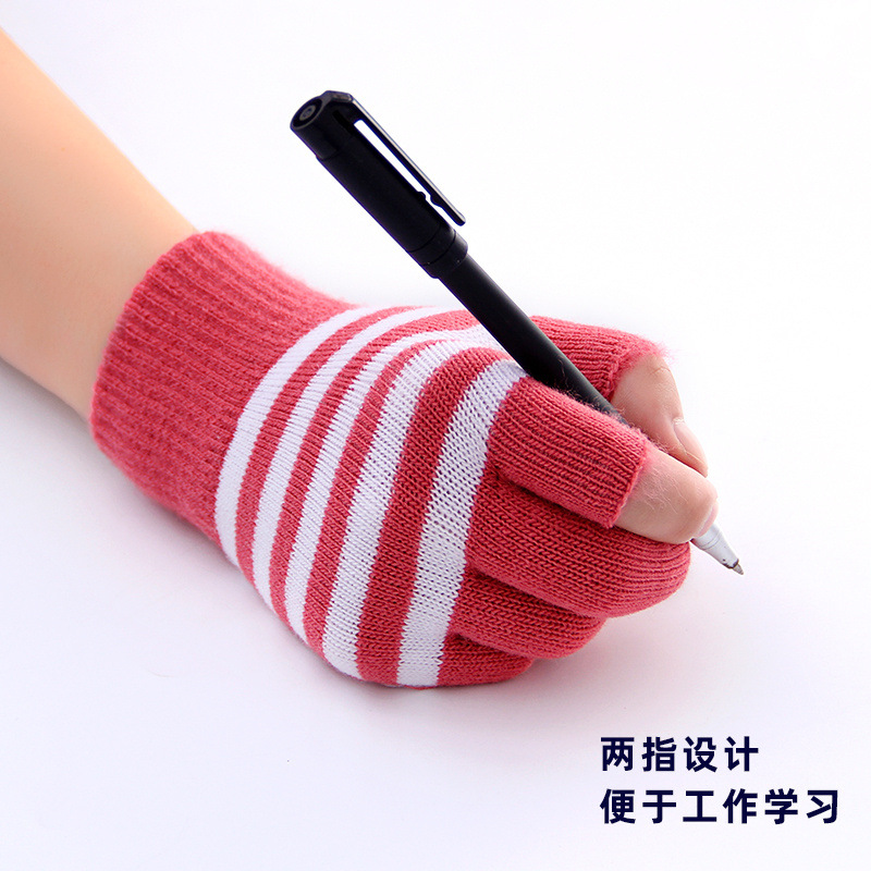 Autumn and Winter Knitted Warm Gloves Men&#039;s and Women&#039;s Exposed Finger Solid Color with Fur Students Missing Two Finger Half-Finger Gloves Wholesale