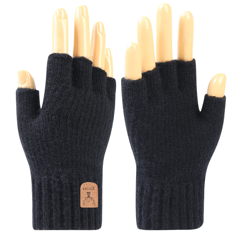 Proof Half Finger Adult Gloves Autumn and Winter Fleece-Lined Thickened Wool Knitted Gloves Wholesale Half-finger Gloves