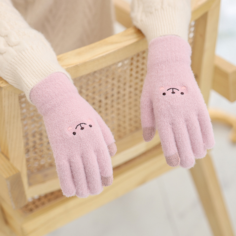 Winter Women&#039;s Warm Japanese-Style Gloves Cutie Cute Korean-Style Student Cartoon Five-Finger Fleece-Lined Touch Screen Knitted Knitting Wool Gloves
