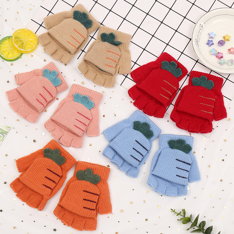 Children&#039;s Gloves Autumn and Winter Knitting Half Finger Flip Warm Gloves Magic Striped Students Outdoor Riding Korean Style Gloves