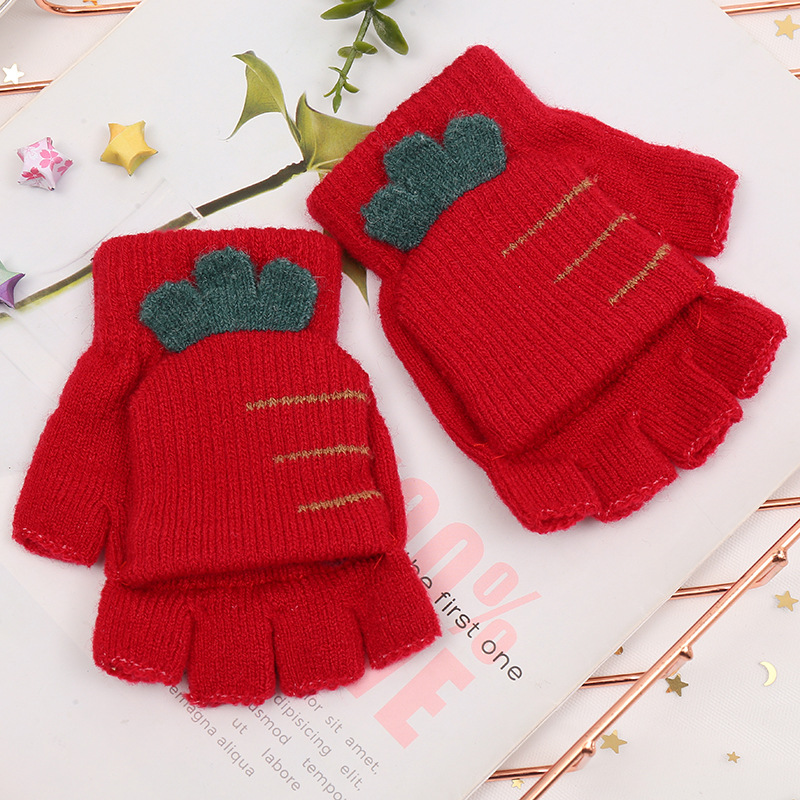 Children&#039;s Gloves Autumn and Winter Knitting Half Finger Flip Warm Gloves Magic Striped Students Outdoor Riding Korean Style Gloves