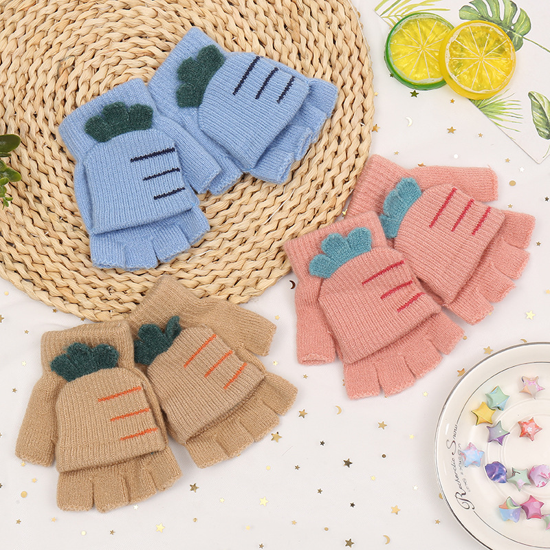 Children&#039;s Gloves Autumn and Winter Knitting Half Finger Flip Warm Gloves Magic Striped Students Outdoor Riding Korean Style Gloves