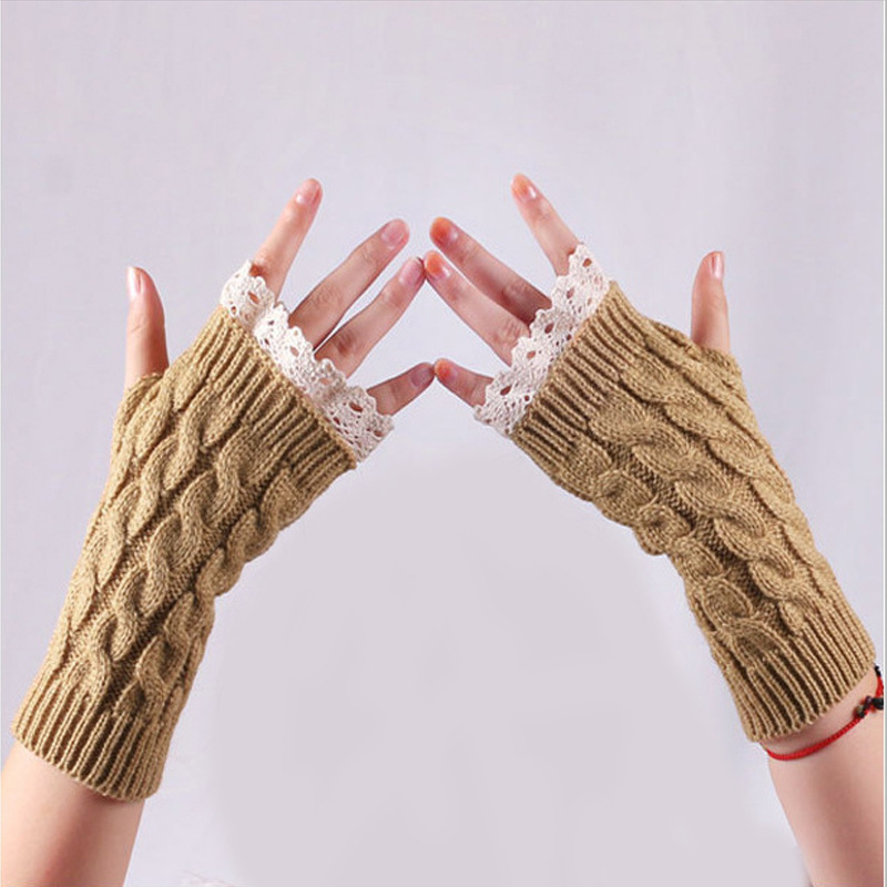 Knitting Wool Gloves Beautiful and Beautiful Lace Lengthened Wristband Winter Women&#039;s Thermal Knitting Half Finger Gloves