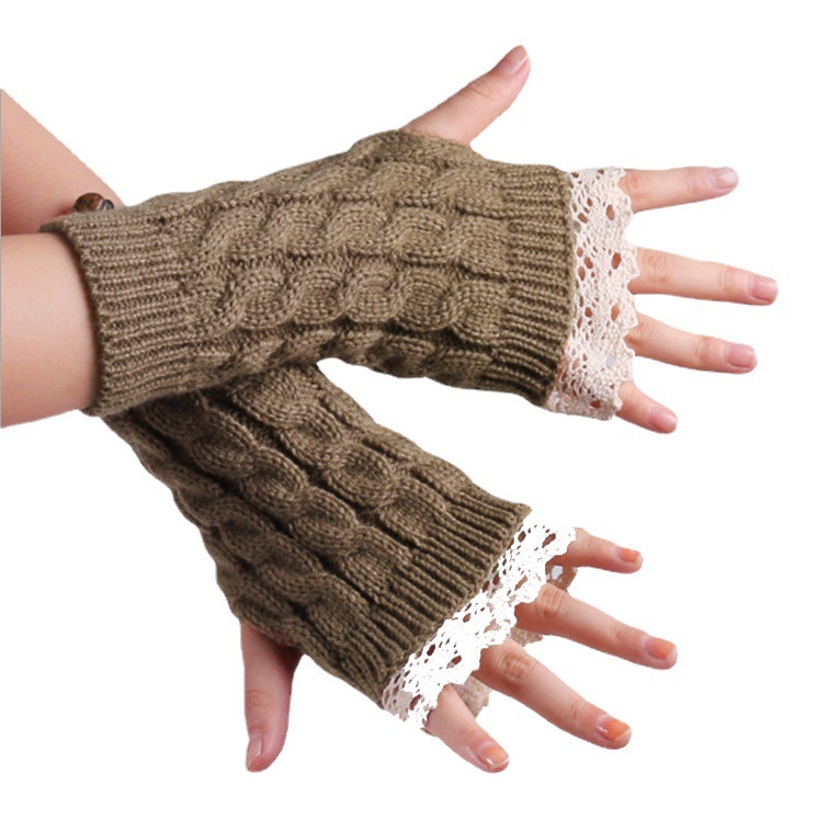 Knitting Wool Gloves Beautiful and Beautiful Lace Lengthened Wristband Winter Women&#039;s Thermal Knitting Half Finger Gloves