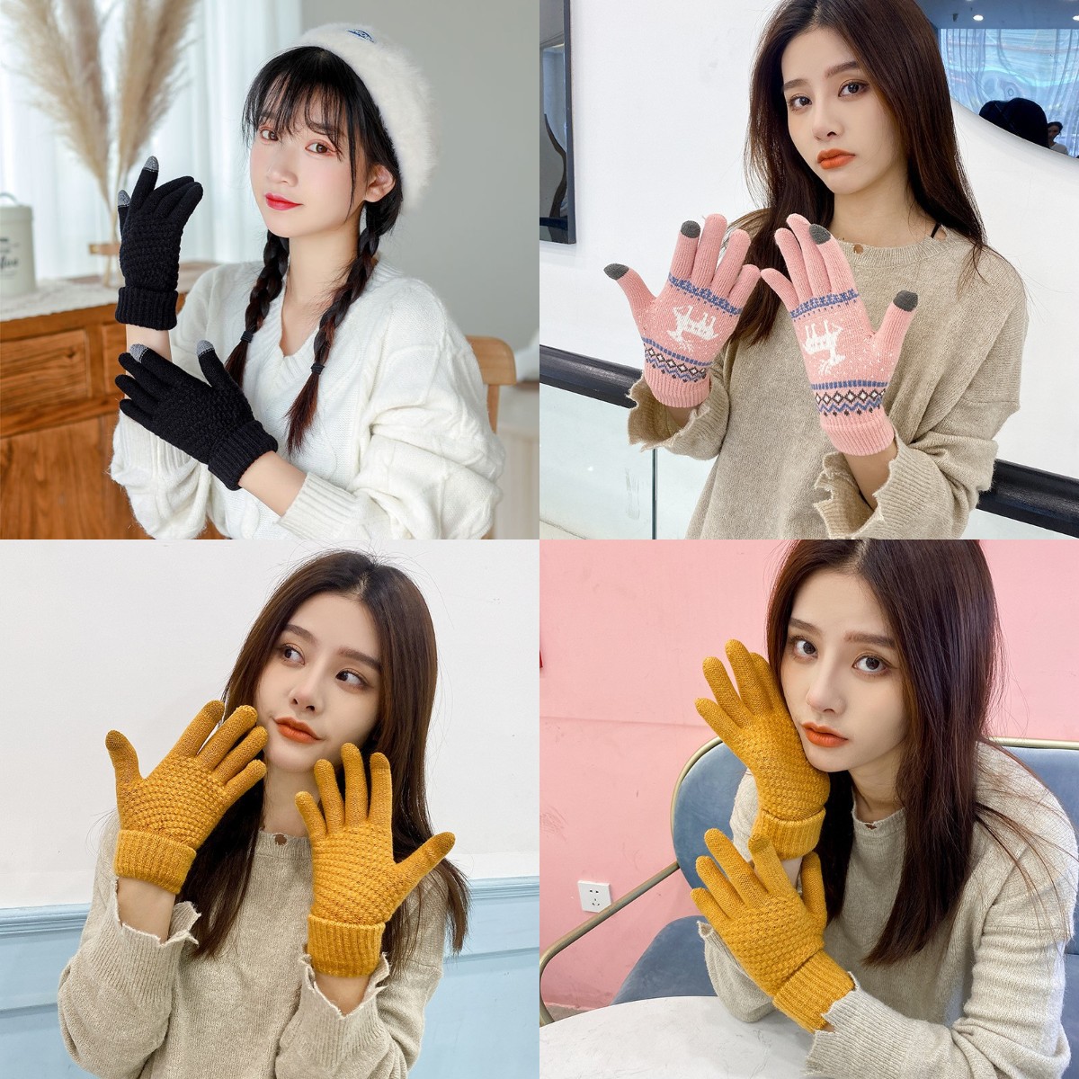 Factory Wholesale New Touch Screen Deer Gloves Women&#039;s Autumn and Winter Thickened Knitting Wool Keep Warm M Grain Gloves