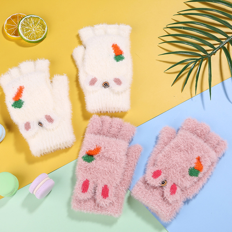and Winter Adult Knitted Gloves Cartoon Elk Labeling Half Finger Gloves Children Knitting Wool Gloves Knitting Gloves