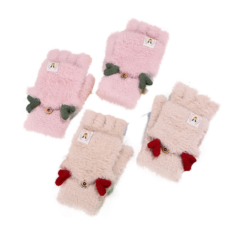 and Winter Adult Knitted Gloves Cartoon Elk Labeling Half Finger Gloves Children Knitting Wool Gloves Knitting Gloves