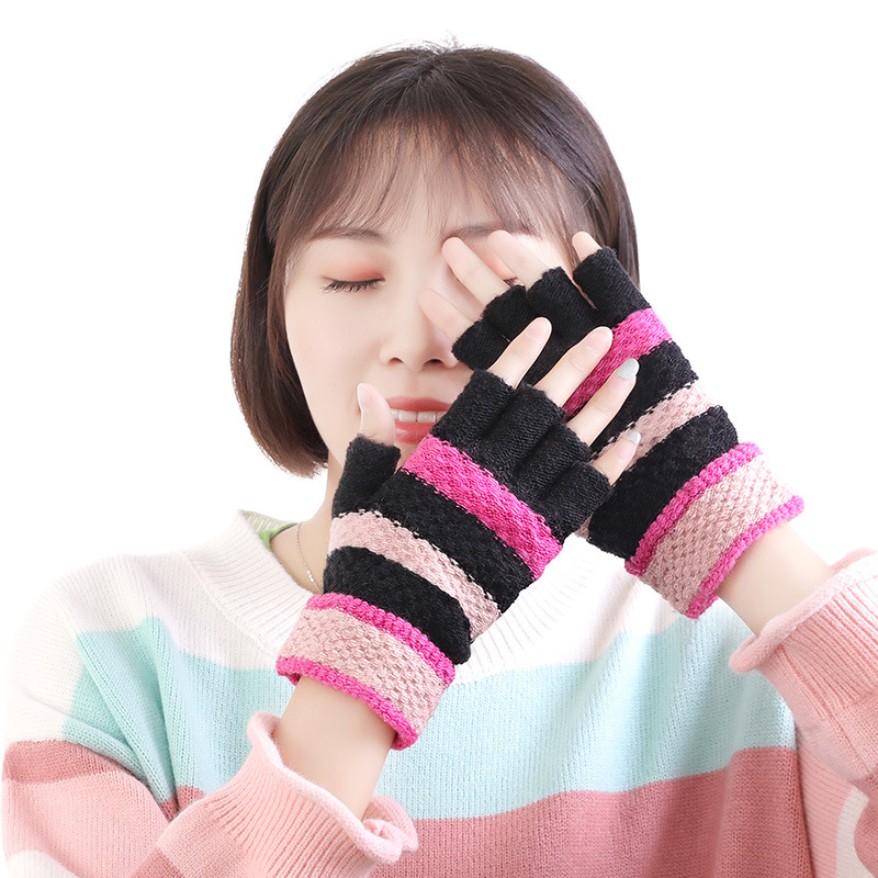 [Various] Winter Warm Adult Knitted Knitting Wool Gloves Thickened Striped Male and Female Students Finger Gloves