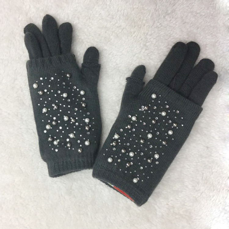 2018 Korean fashion pair gloves point bead flat plate knitting two-piece set manufacturer direct wholesale