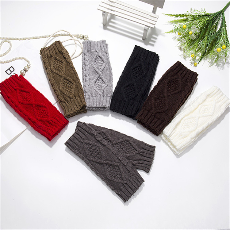 Knitted Gloves Women&#039;s Half Finger Knitting Wool Gloves Autumn and Winter Warm Diamond Plaid Knitted Knitting Wool Gloves Wholesale