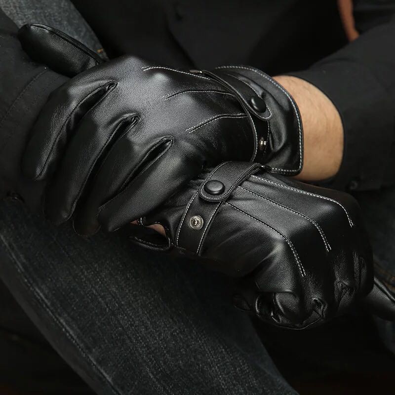 Artificial Leather Three-Band Pu Gloves Winter Cycling Warm Men&#039;s Touch Screen Gloves Outdoor Protective Gloves