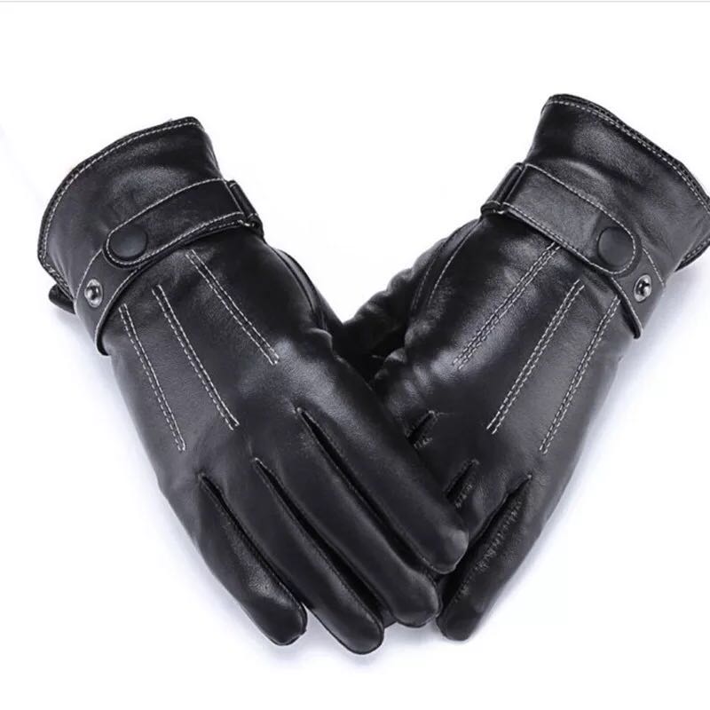 Artificial Leather Three-Band Pu Gloves Winter Cycling Warm Men&#039;s Touch Screen Gloves Outdoor Protective Gloves