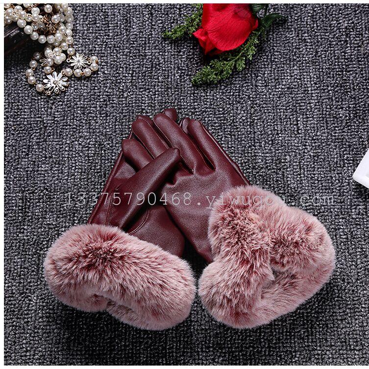 Manufacturers direct fashion touch screen PU gloves high imitation rax rabbit fur mouth warm gloves thickened velvet gloves
