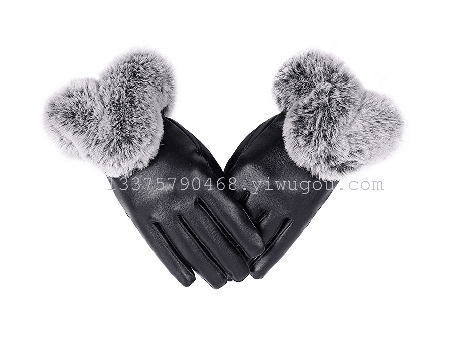 Manufacturers direct fashion touch screen PU gloves high imitation rax rabbit fur mouth warm gloves thickened velvet gloves