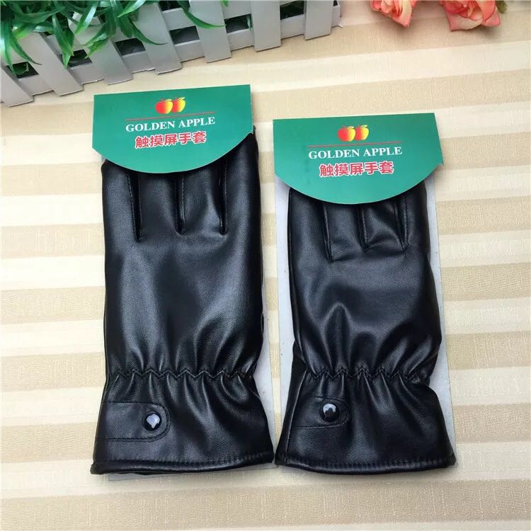 New black PU velvet thermal gloves button style men touch finger PU gloves