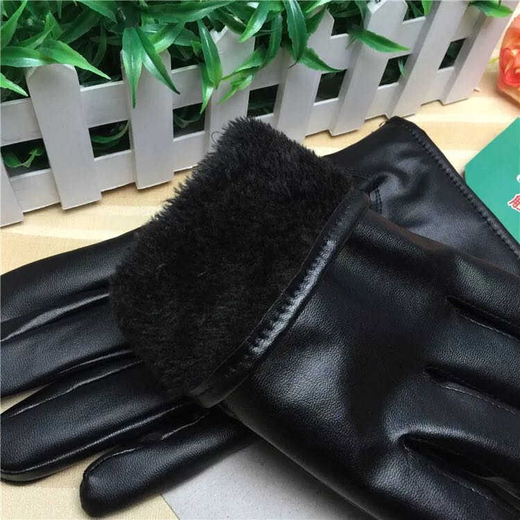 New black PU velvet thermal gloves button style men touch finger PU gloves