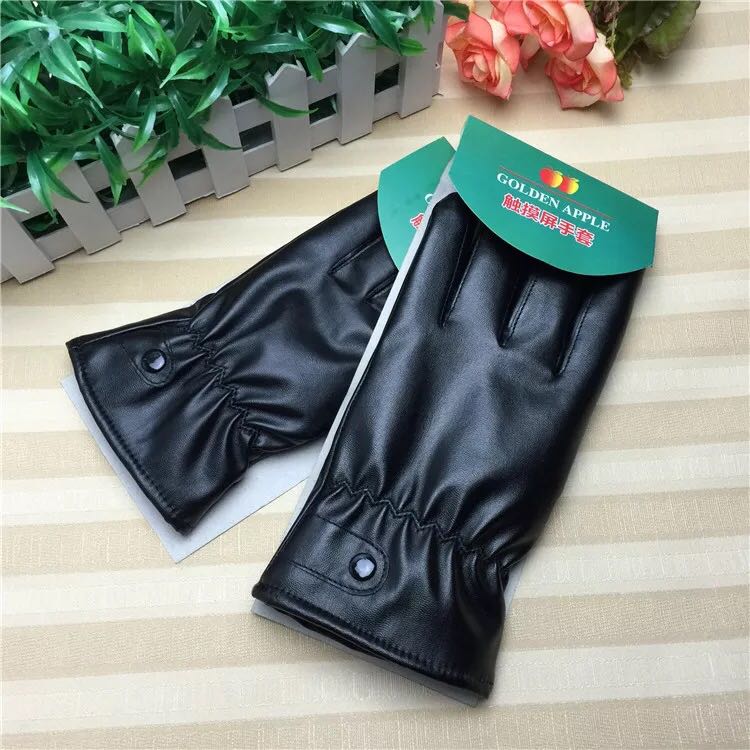 New black PU velvet thermal gloves button style men touch finger PU gloves