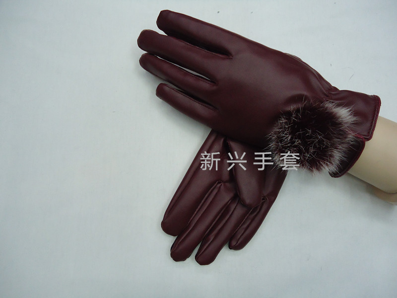 Women&#039;s rabbit fur ball PU gloves