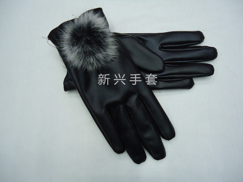 Women&#039;s rabbit fur ball PU gloves