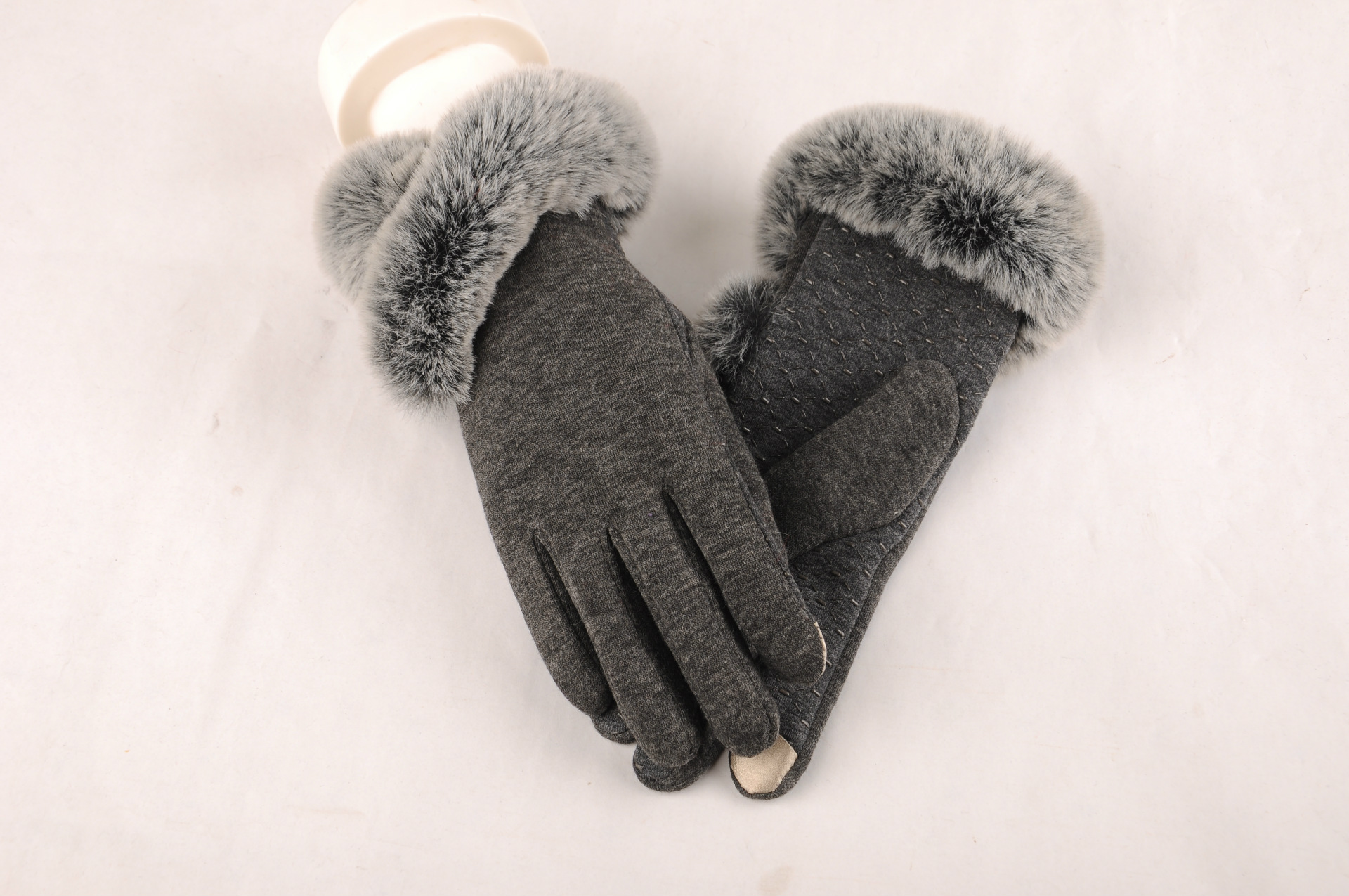 Non - fall cashmere knitting with velvet touch screen fur mouth imitation beaver rabbit fur gloves
